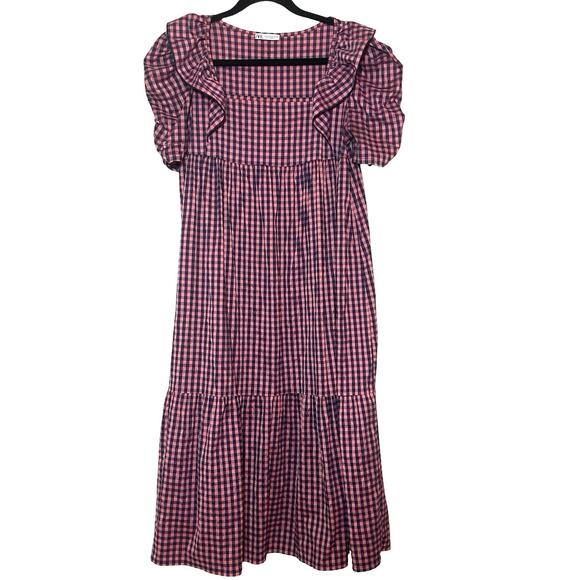 Zara Women’s Gingham Ruffle Prairie Midi Dress Pink/Navy Blue Size Medium - Picture 2 of 9